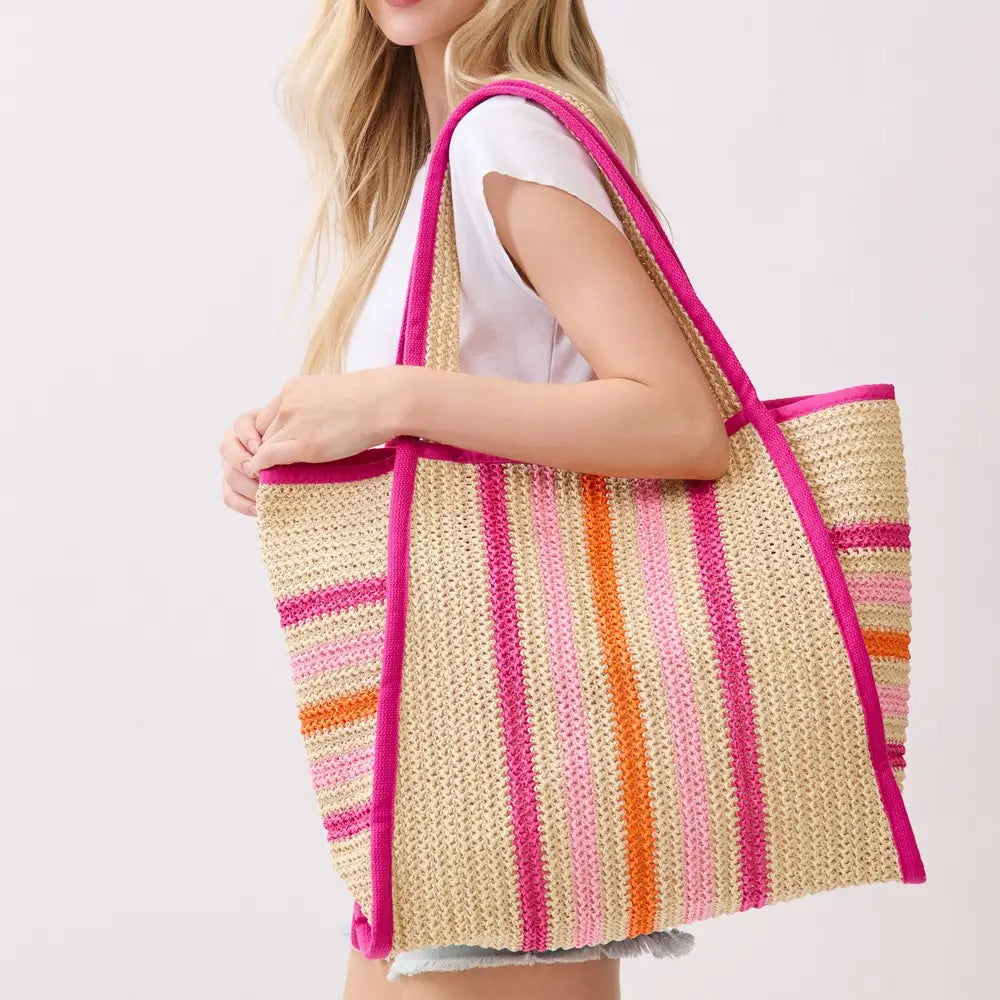 Oversized Striped Straw Braided Tote Bag Hot PINK