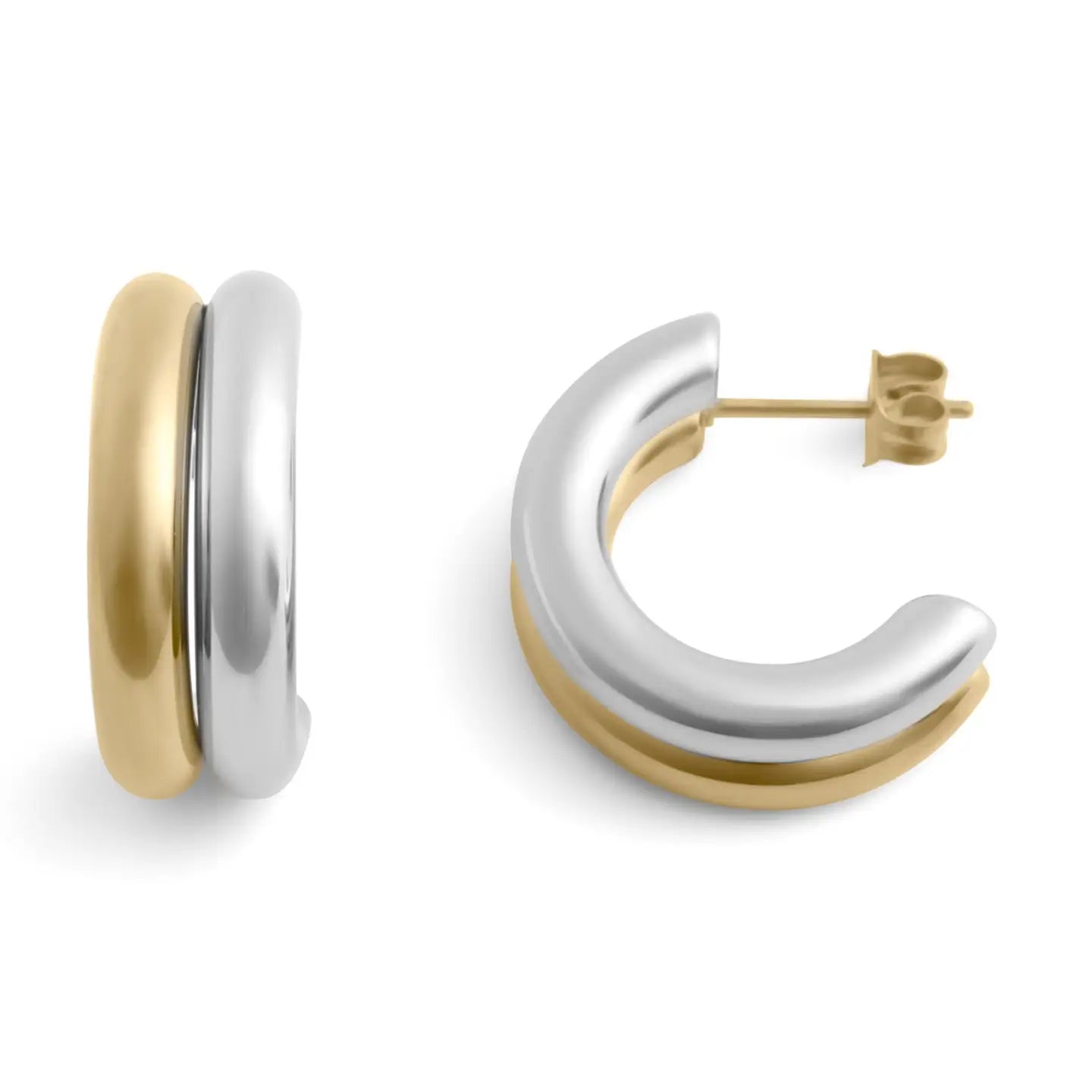 Gold Stainless Steel Mixed Metal Statement Huggie Earrings